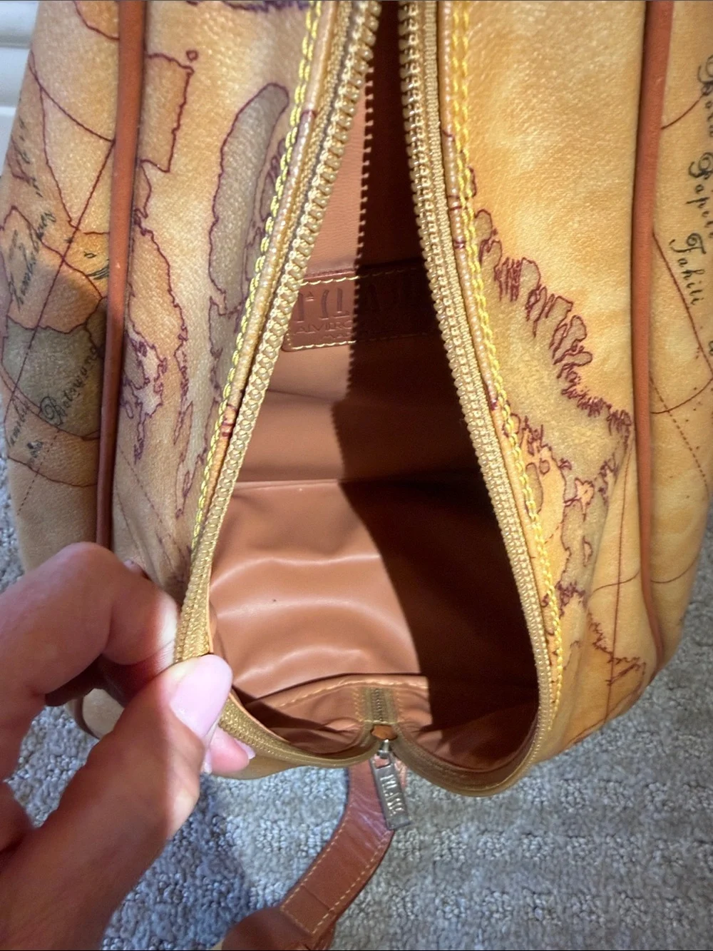 Vintage Alviero Martini 1A Classe Tan Map-Print Leather Sling Shoulder Bag